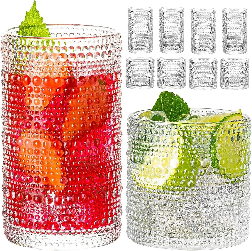 wookgreat Drinking Glasses, 8 pcs Embossed Designed Glass Cups-4 Highball Glasses 15oz & 4 Rocks ... | Amazon (US)