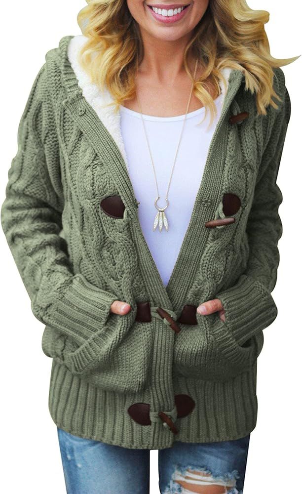 Sidefeel Women Hooded Knit Cardigans Button Cable Sweater Coat | Amazon (US)