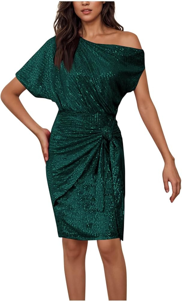 Ladies Short Sleeve Off The One Shoulder Dresses for Women Midi Mini Short Sequin Bling Fall Summ... | Amazon (US)