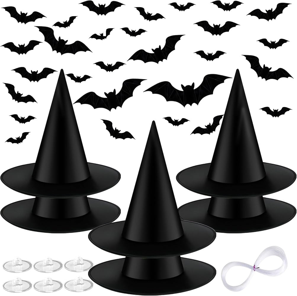 Halloween Black Witch Hats, Halloween Costume Witch Caps 3D Bats Wall Decorations Indoor Outdoor ... | Amazon (US)