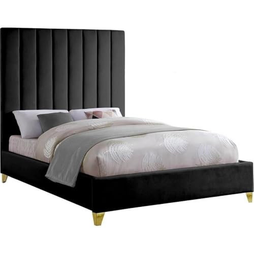 Meridian Furniture ViaBlack-Q Via Collection Modern | Contemporary Velvet Upholstered Queen Bed, Rich Black Velvet, Deep Channel Tufting, Gold and Chrome Legs, 65.5" W x 86" D x 70.5" H, Black, Queen | Amazon (US)