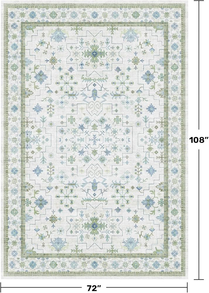 Cream Oushak 6x9 Bedroom Rug - Boho Floral Cool Blue and Green, Washable Low Pile Non-Slip Ultra-Thin Large Area Rugs for Bed Room, Living Room, Playroom | Amazon (US)