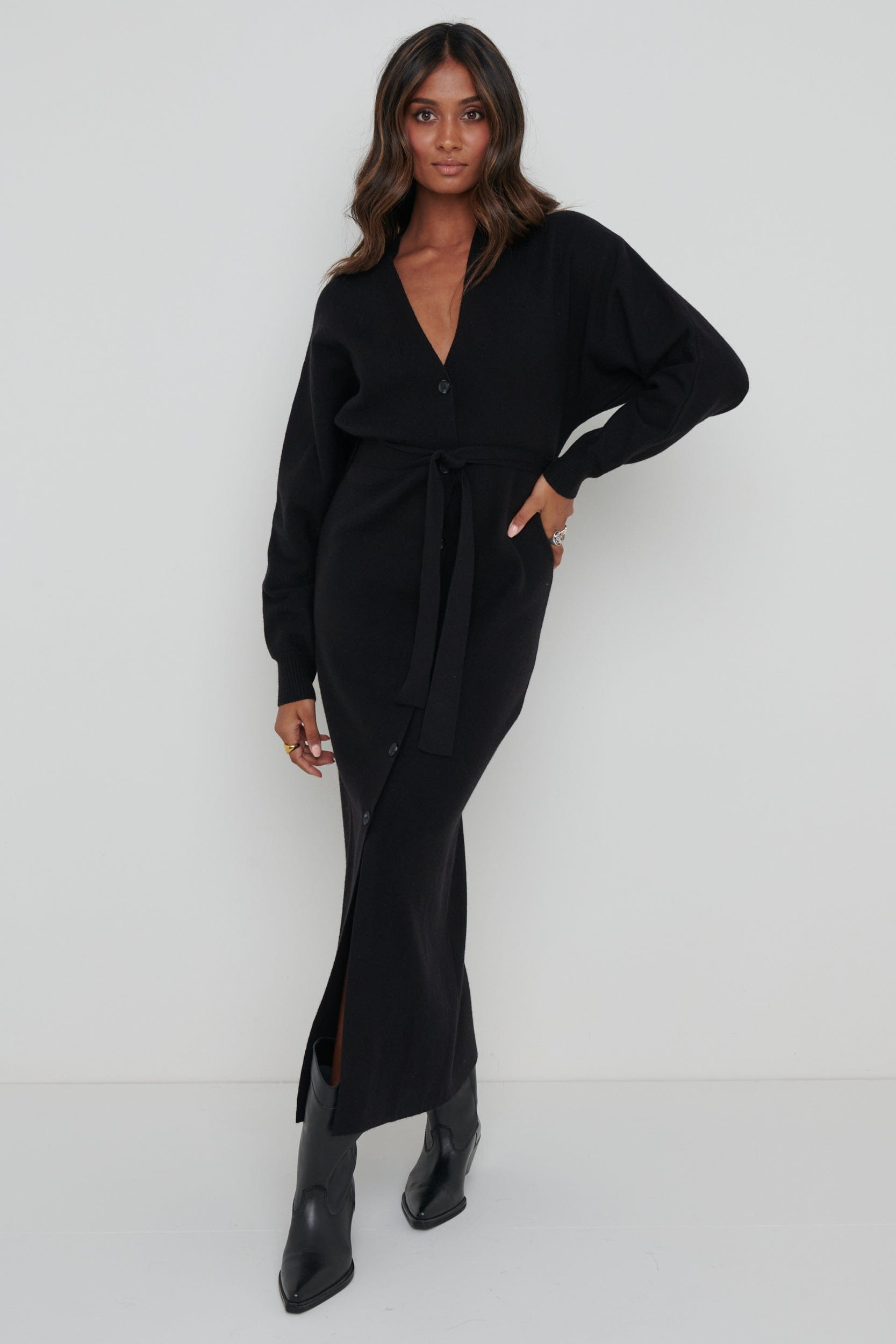 Peony Belted Cardigan Dress - Black | Pretty Lavish (UK)