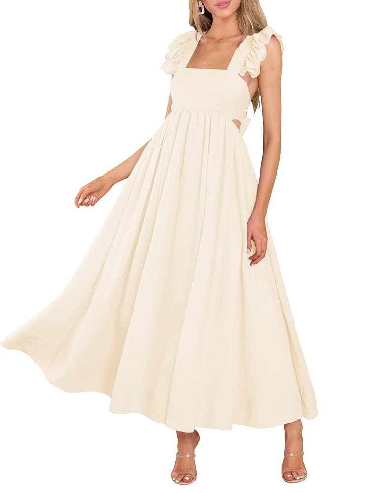 MITILLY Women's Summer Flutter Sleeve Square Neck Tie Back Casual Pleated A-Line Flowy Maxi Dress... | Amazon (US)