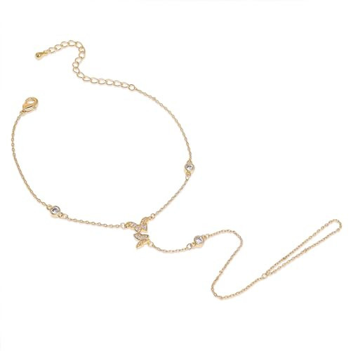 BXDA Gold Hand Chain Bracelet for Woman, Dainty Finger Ring Bracelet Summer Beach Butterflies Rhinestones Handmade Adjustable Jewelry Gift | Amazon (US)