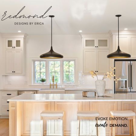 Introducing Designs By Erica's latest culinary dream space - where minimalism meets cozy charm 🏡✨. We're thrilled to unveil this masterpiece with its creamy white kitchen artfully contrasted by striking, layered black hardware.

Bask in the glow of our gorgeous low-profile pendants hovering over the heart of this home: a stunning 10' long white oak island. You'll fall in love with the unexpected elegance of the brushed brass bridge faucet that brings a dash of sophistication to this classic space. 

And comfort? We've got it covered. Our cushy, backless stools are perfect for lingering over a leisurely breakfast or enjoying a nightcap. They add an inviting touch of softness to the setting. 

But we didn't stop there. We know it's the small details that bring a room to life, so we've handpicked some neutral accessories for you. Admire a delicately crafted plaster vase, a rustic wooden bowl (ideal for your colorful summer fruits 🍎🍊), and the touch of greenery that breathes life into the space 🌿.

This is more than just a kitchen; it's a lifestyle statement. Ready to transform your space into a similar haven? Shop the look on our LTK page - link in bio. Step into the lifestyle you deserve with Designs By Erica. #DesignsByErica #DreamKitchen #HomeDecor #InteriorDesign #ShopTheLook

#LTKSeasonal #LTKFind #LTKstyletip