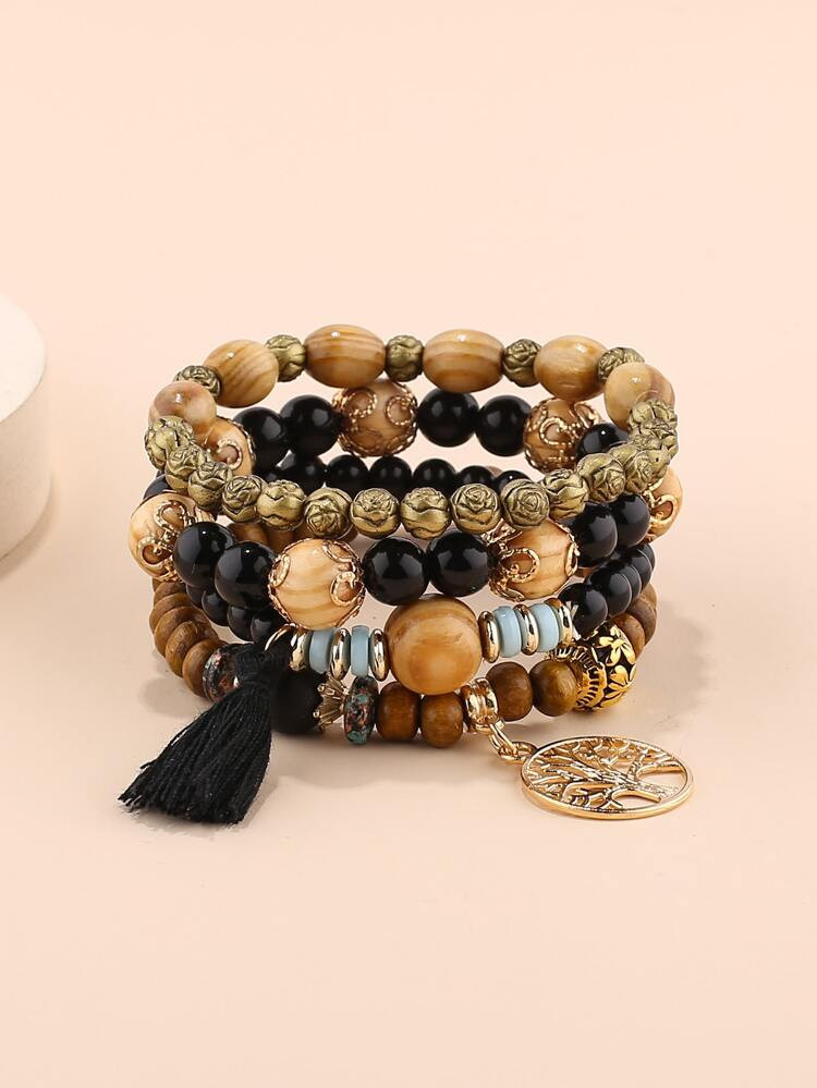 EMERY ROSE 4pcs Tassel Charm Beaded Bracelet | SHEIN