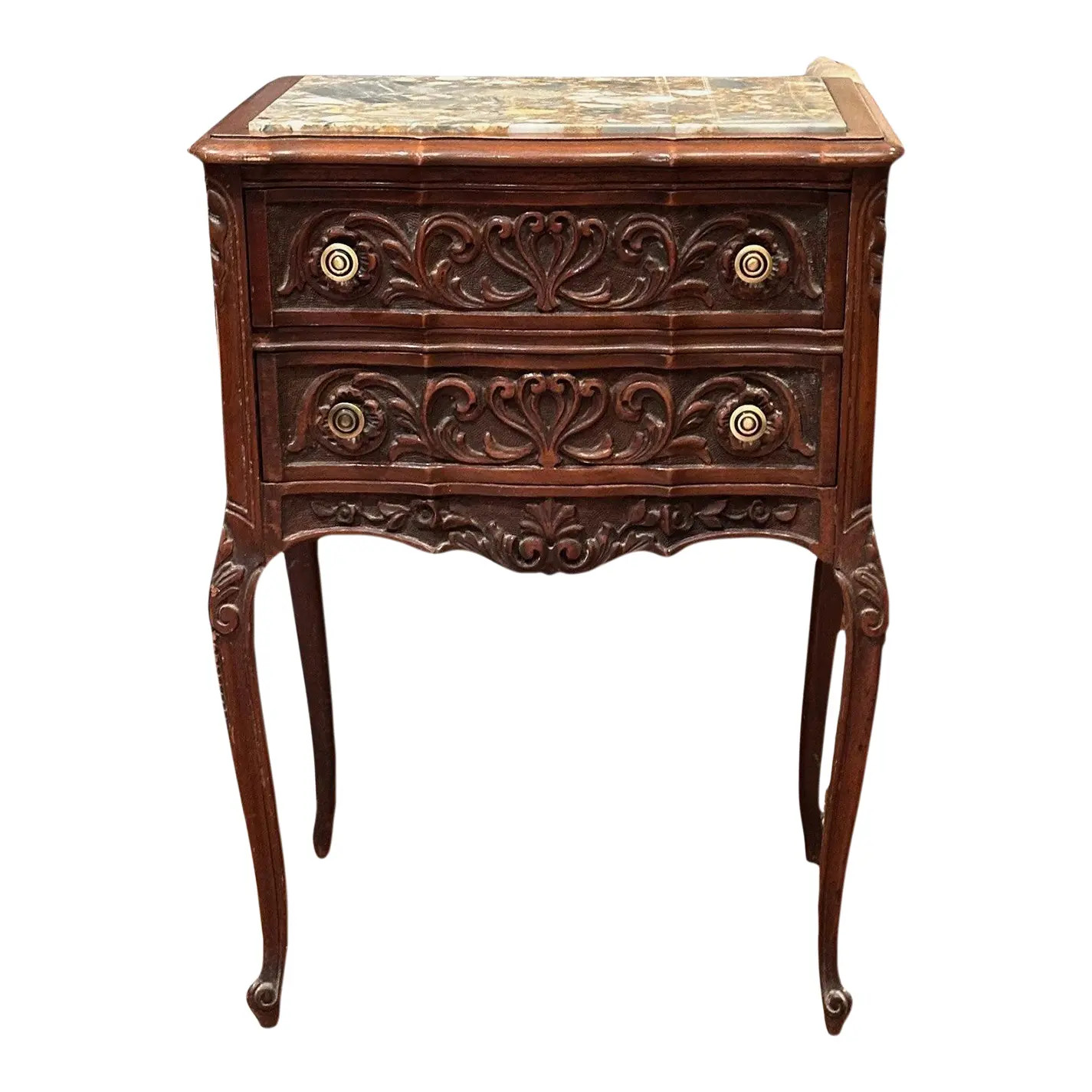 Pair of French Provincial Antique Marble Top Walnut Commodes | Chairish