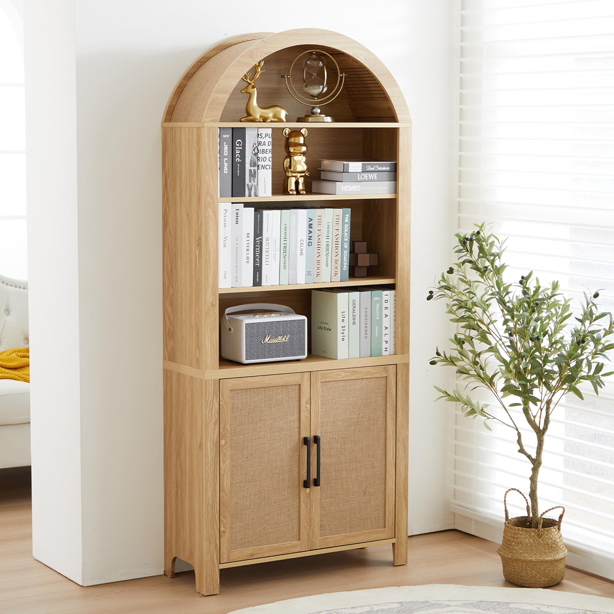 71" Tall Arched Bookcase with Storage, Modern 6-Tier Arched Cabinet with Door, Arched Bookshelf C... | Amazon (US)