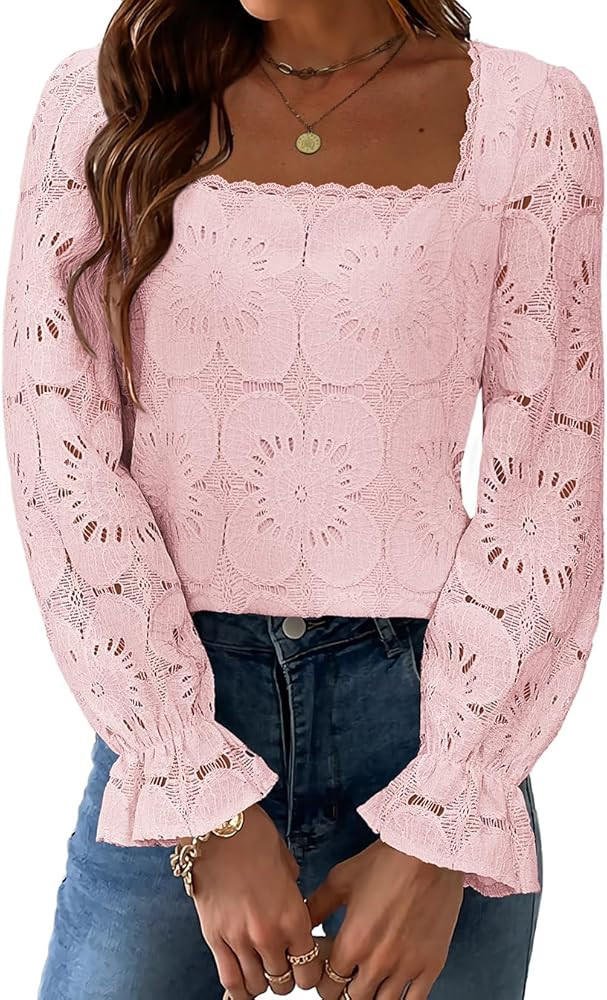 Blouses for Women Dressy Casual Eyelet Square Neck Long Sleeve Embroidered Lace Crochet Boho Tops... | Amazon (US)