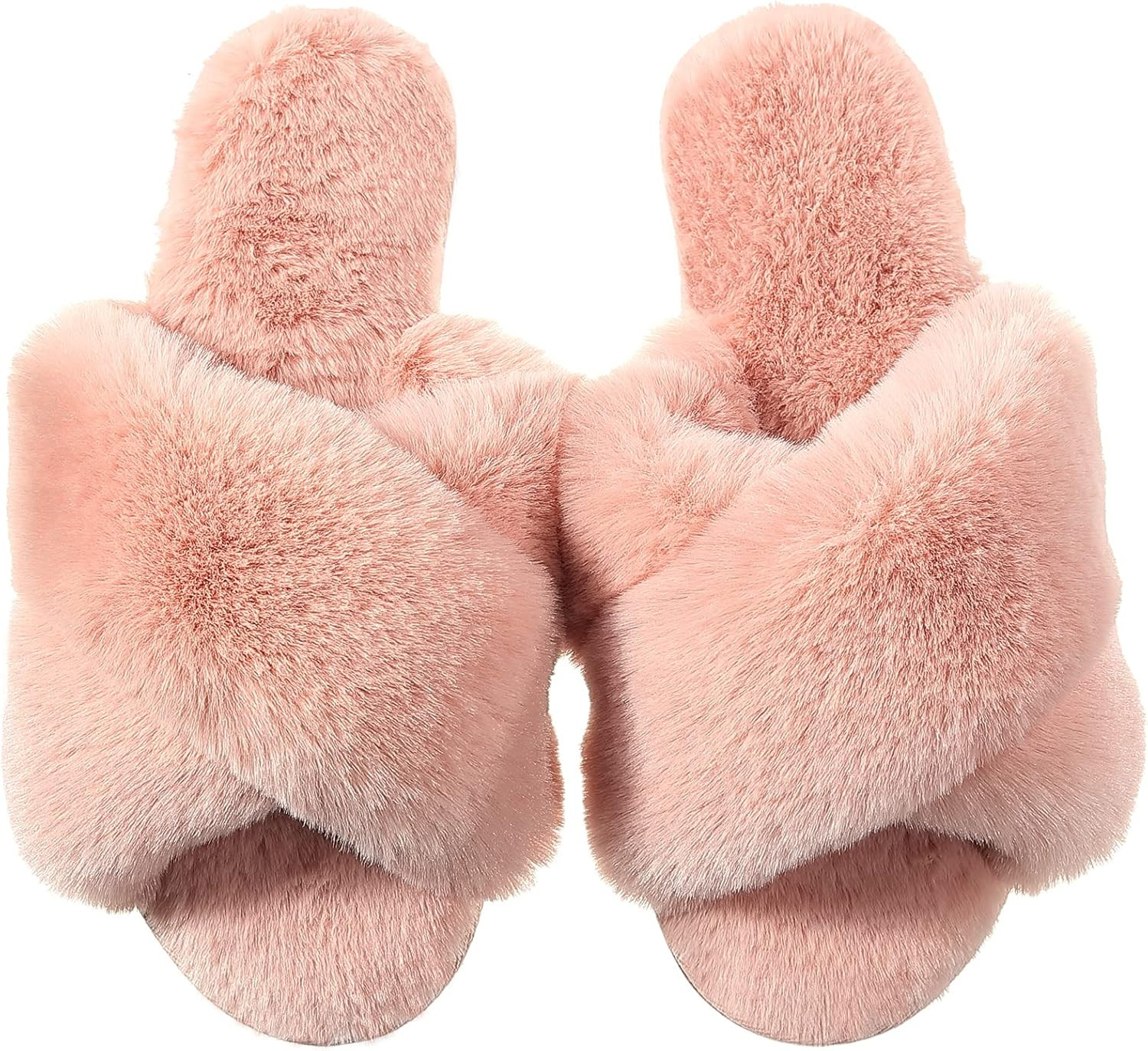 House Slippers for Women, Soft Plush Fuzzy Cozy Open Toe Slippers Fluffy Furry Memory Foam Cross Ban | Amazon (US)