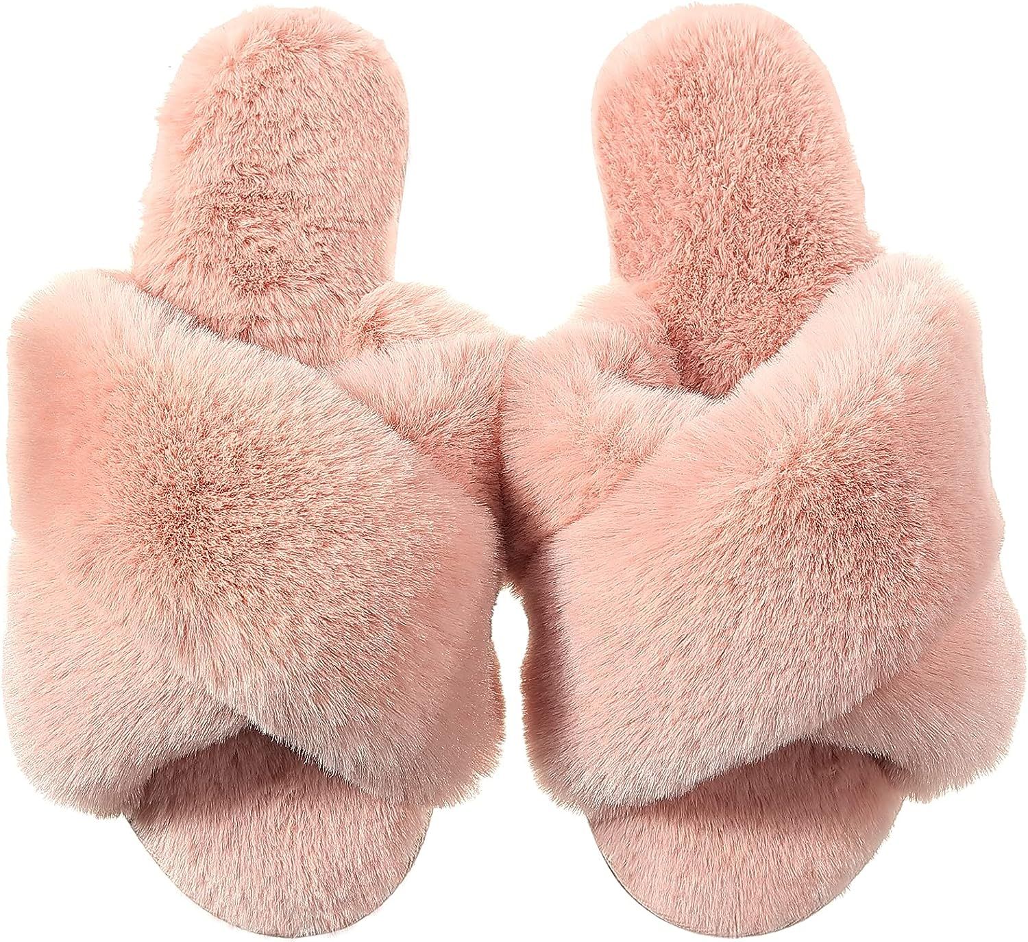 House Slippers for Women, Soft Plush Fuzzy Cozy Open Toe Slippers Fluffy Furry Memory Foam Cross Ban | Amazon (US)