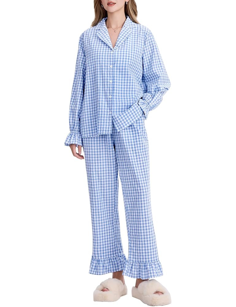 Kissonic Women Gingham Pajama Sets Cotton Long Sleeve Button Down Shirt and Pants Y2K Pjs Lounge ... | Amazon (US)