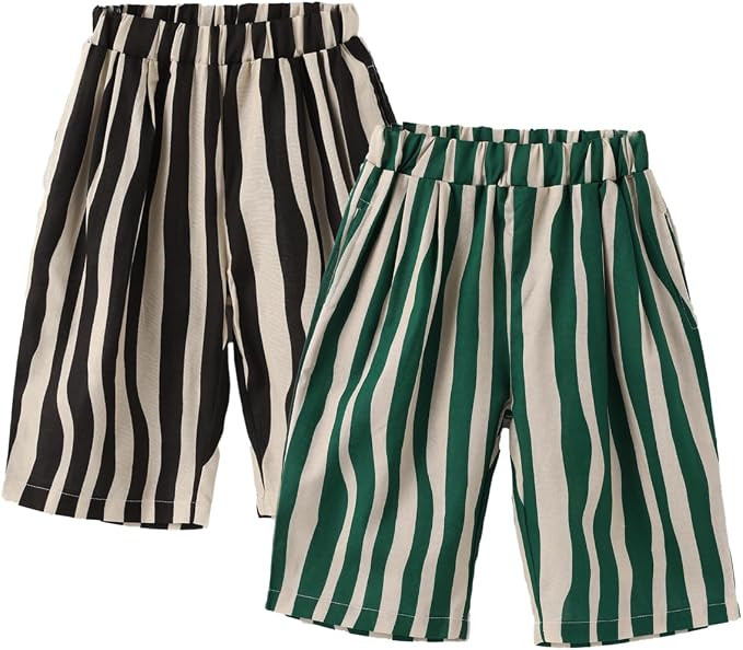 Ashmyova Boy's Cotton Stripe Shorts Summer Elastic Waist Casual Capri Pants for Boys with Pockets... | Amazon (US)