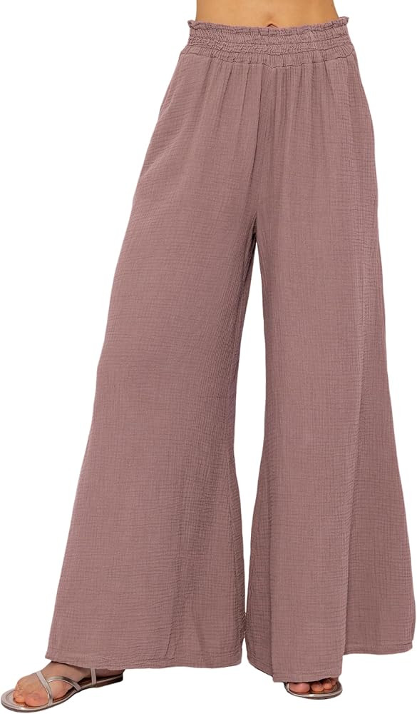R.Vivimos Women's Cotton Palazzo Pants Casual Elastic High Waisted Loose Flowy Wide Leg Long Trou... | Amazon (US)