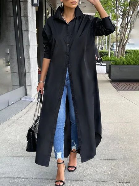 Simple Loosen Plain Long Sleeve Woven Maxi Dress | StyleWe (US)