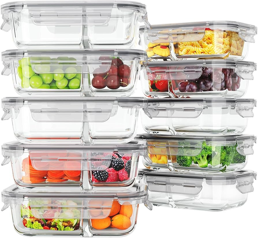 10 Pack Glass Meal Prep Containers 2 Compartment, Glass Food Storage Containers with Lids, Airtig... | Amazon (US)