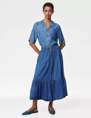 Denim Button Front Midi Tiered Skirt | Marks & Spencer (UK)