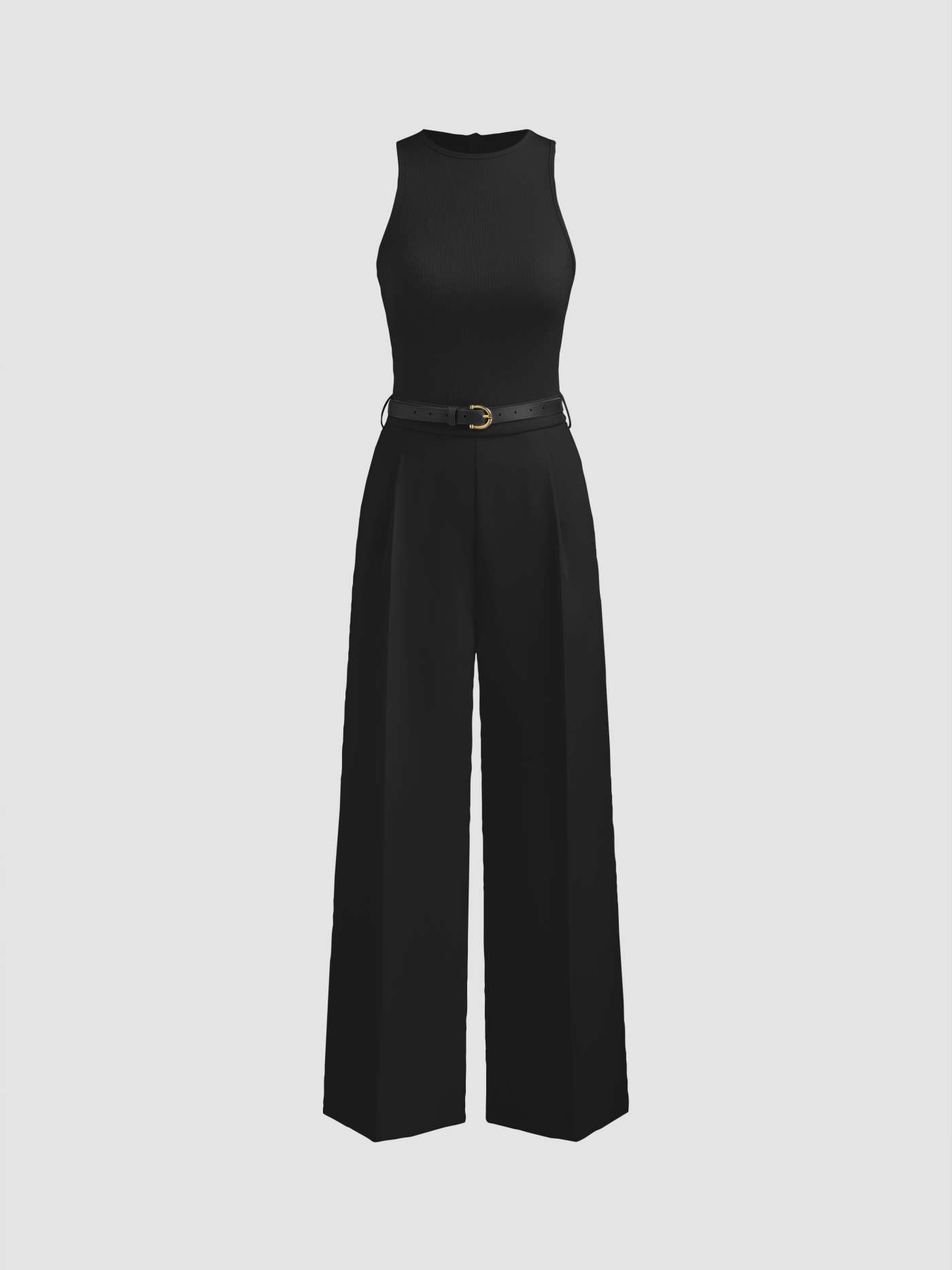 Woven Round Neckline Solid Pocket Zipper Jumpsuit With Belt For Work | Cider