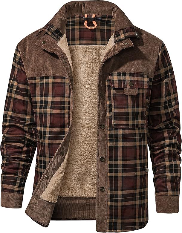 Flygo Men's Outdoor Casual Fleece Sherpa Lined Flannel Plaid Button Down Shirt Jacket | Amazon (US)