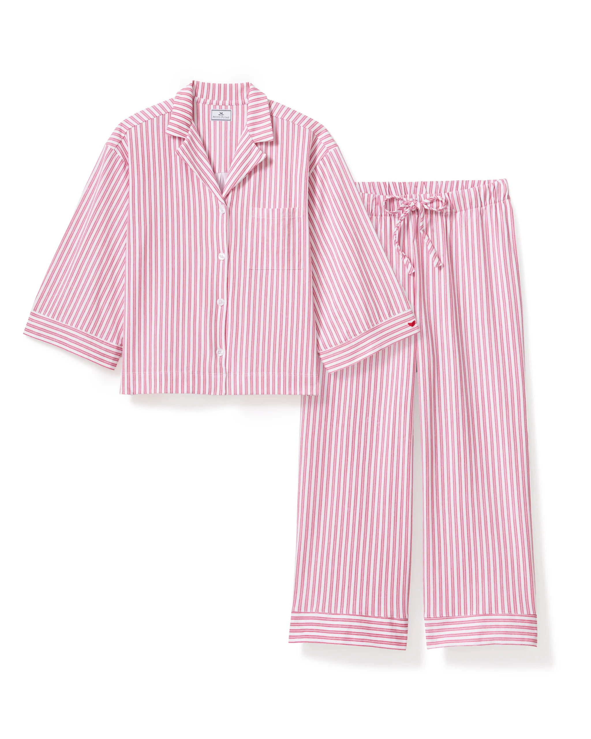 The Olivia Wide Leg Pima Pajama Set in Antique Red Ticking | Petite Plume