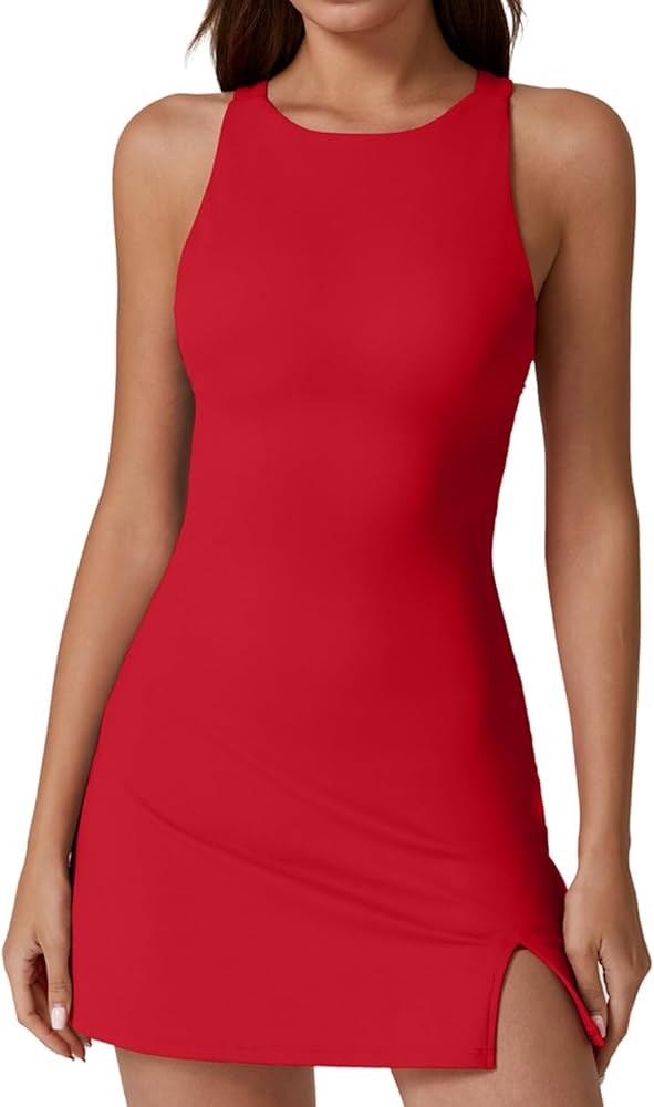 QINSEN Womens Crewneck Criss Cross Open Back Tennis Dress Sleeveless Built in Shorts Golf Athleti... | Amazon (US)