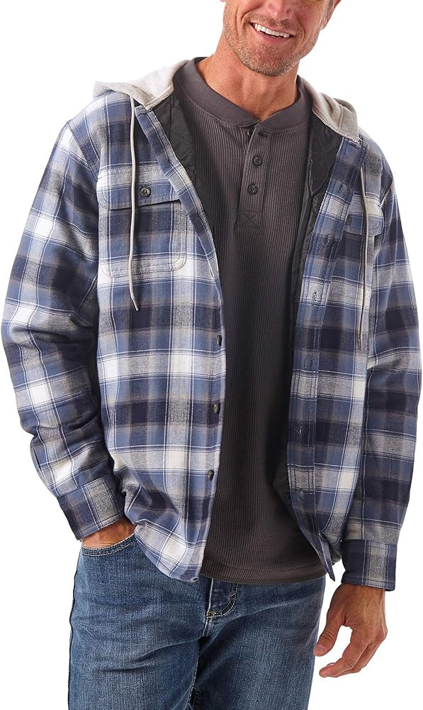 Wrangler Authentics Men's Long Sleeve Quilted Lined Flannel Shirt Jacket with Hood | Amazon (US)