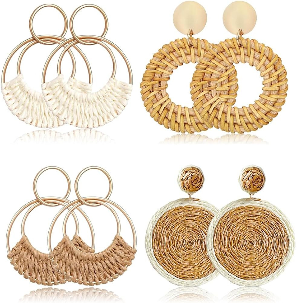 2-4 PAIRS Raffia Hoop Earrings for Women Girls Fun Boho Summer Beach Earrings Lightweight Handmad... | Amazon (US)