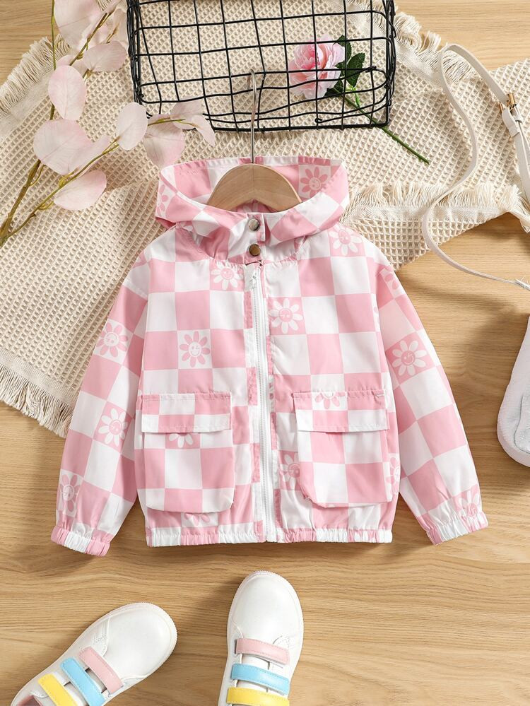 Toddler Girls Checker & Floral Print Hooded Jacket | SHEIN
