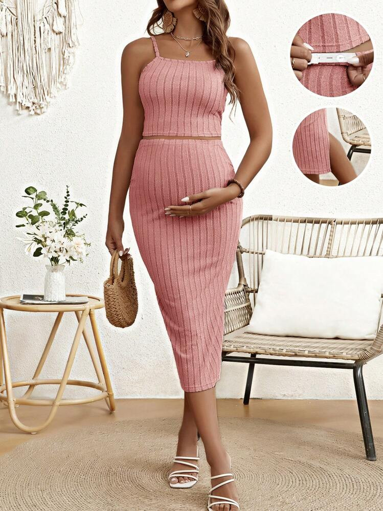 SHEIN Pregnant Women Vitality Vacation Strapless Top With Adjustable Elastic Waistband & Split Hem Skirt For Maternity | SHEIN