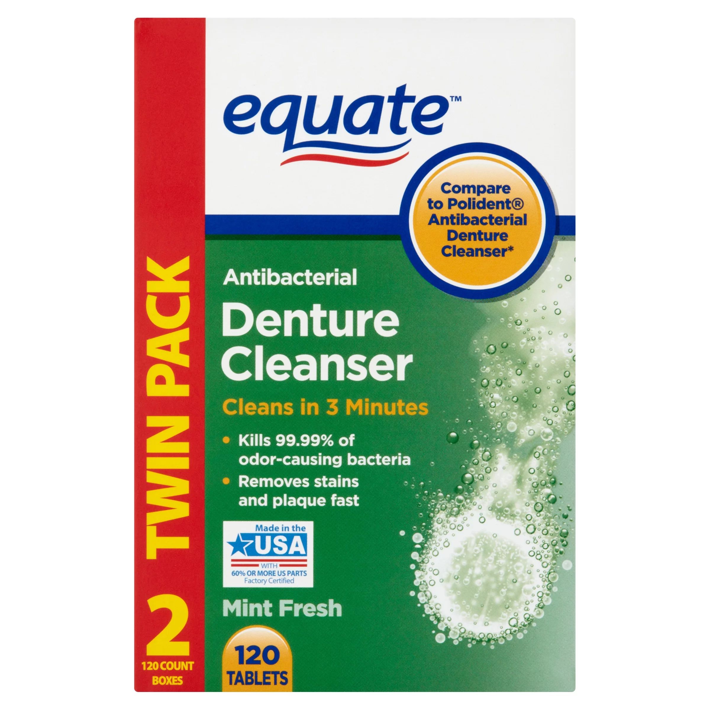 Equate Mint Fresh Antibacterial Denture Cleanser Tablets Twin Pack, 120 count, 2 pack | Walmart (US)