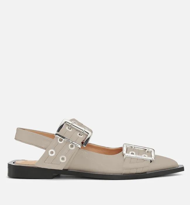 Ganni Women's Wide Welt Buckle Leather Flats - Taos Taupe | Coggles (Global)