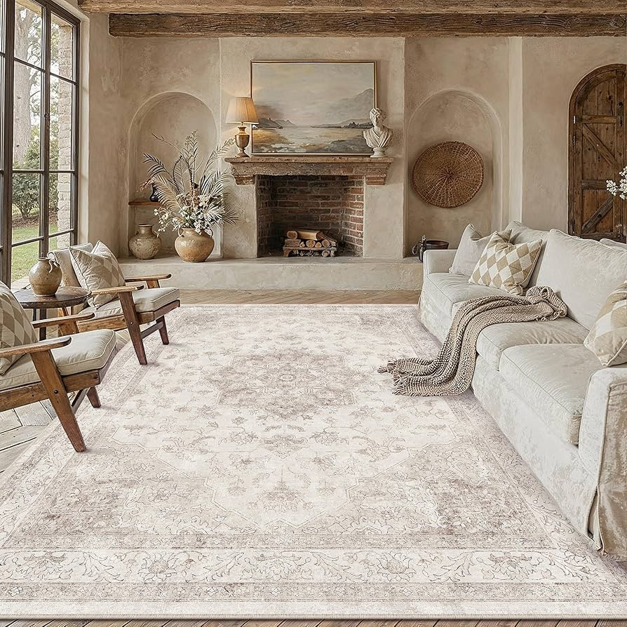 PureCozy Beige Area Rug 8x10 Washable Vintage Carpet for Living Room Bedroom Large Soft Retro Low... | Amazon (US)