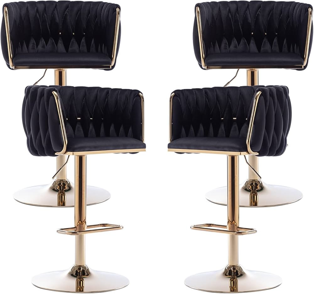 Velvet Bar Stools Set of 4, Swivel Counter Height Bar Stool with Woven Back, Gold Kitchen Bar Sto... | Amazon (US)