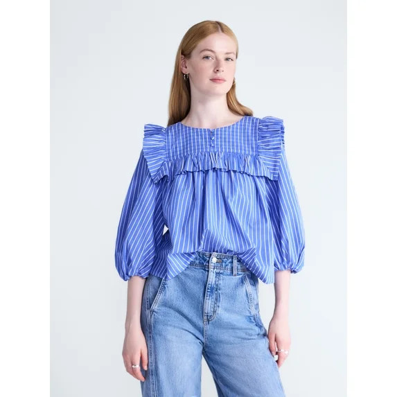 Free Assembly Women's and Women's Plus Ruffle Yoke Cotton Top with Puff Sleeves, Sizes XS-4X | Walmart (US)