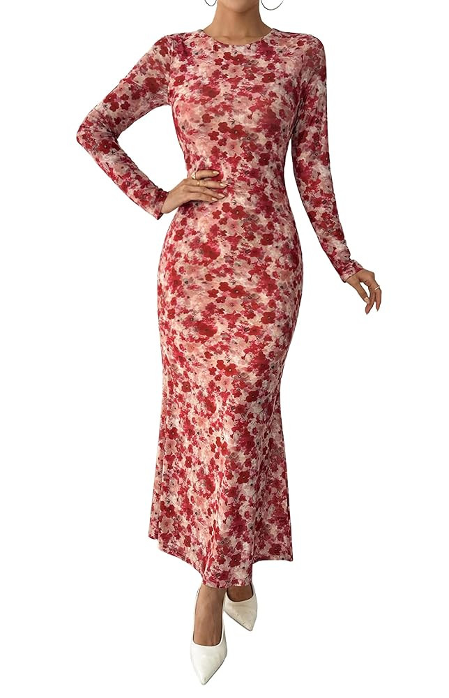 BTFBM Wedding Guest Dresses for Women Fall Fashion 2025 Bodycon Long Sleeve Boho Mesh Party Cockt... | Amazon (US)