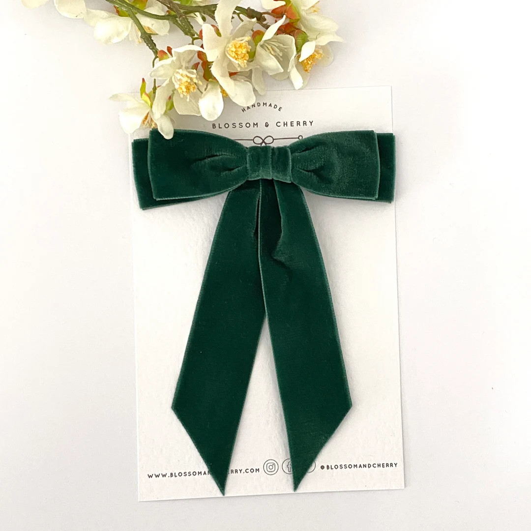 Green Velvet Hair Bow, Velvet Long Tail Bow, Bridesmaid Bow, Flower Girl Bow, Wedding Bow, Velvet... | Etsy (UK)