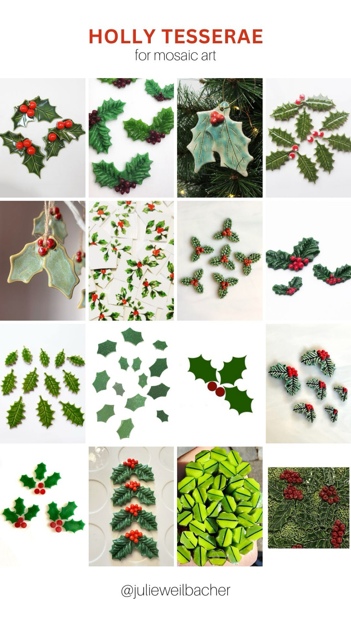 Sharing holly Christmas ornaments and tesserae for use in your mosaic art. 🎄 This collection includes handmade ceramics, fused glass, broken dinner plates, pre-cut stained glass shapes, and glass rods. 🎄  For mosaic tips, tutorials, inspiration, and so much more please visit my YouTube channel: YouTube.com/julieweilbacher. Follow @julieweilbacher on Instagram for all things mosaic art. Holly - mosaic - Christmas holly - handmade ceramics - holly ornaments - Christmas aesthetic - holly leaves - holly and berries - Christmas crafts - holiday crafts

#LTKFindsUnder50 #LTKHoliday #LTKHome