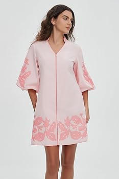 D-Sun Women Floral Embroidery Mini Dress 3/4 Puff Sleeves V Neck Tunic Mini Dress Zip Party Dress... | Amazon (US)