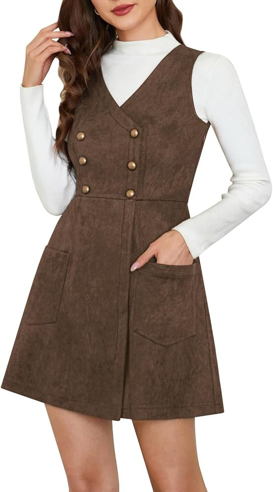 Belle Poque Women’s Vintage Suede Overall Dress with Pockets V Neck Pinafore Elastic Waist A-Li... | Amazon (US)
