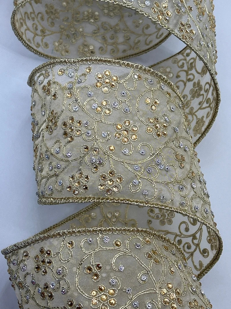 4 Gold Sheer Ribbon Embroidered Vines Flowers Jewels - Etsy | Etsy (US)