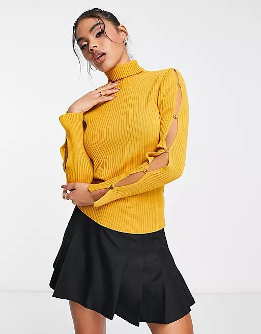 I Saw It First roll neck sweater with cut-out sleeves in mustard | ASOS (Global)