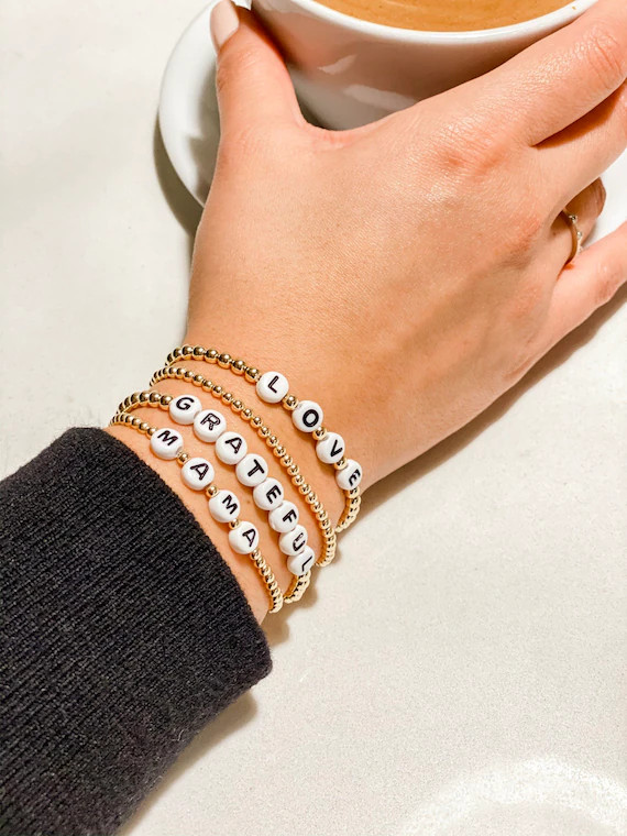 14K Gold Filled Beaded Bracelet | Custom Name 4mm Bead Bracelets | Mama Baby Letter Stack | Perso... | Etsy (US)