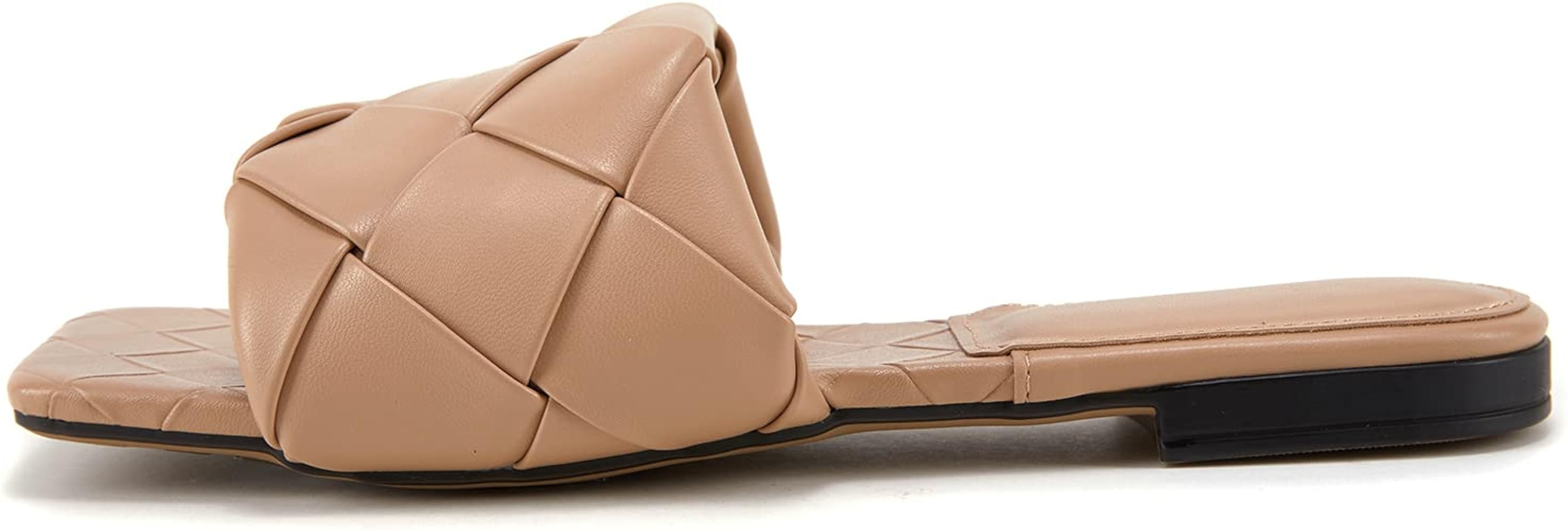 Women's Square Open Toe Woven Leather Single Band Comfort Slides Slid on Flat Sandals | Amazon (US)