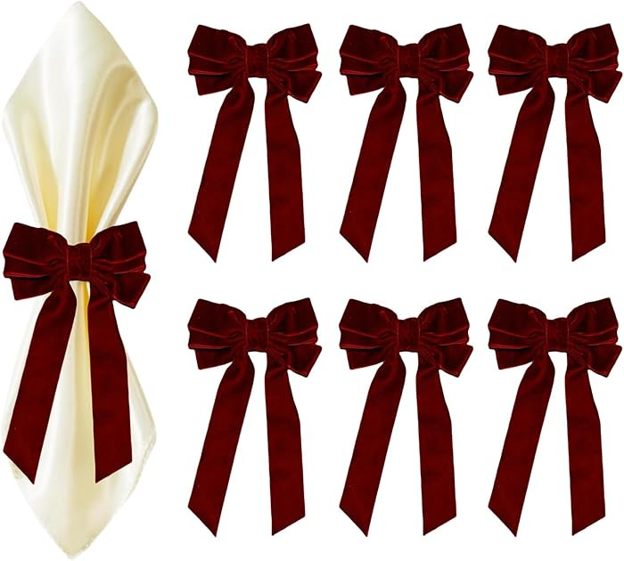 Bow Napkin Rings Set of 6 Luxury Soft Burgundy Velvet Napkin Holders, Elegant Bow Design for Chri... | Amazon (US)