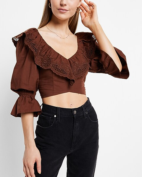 Embroidered Ruffle V-Neck Cropped Top | Express