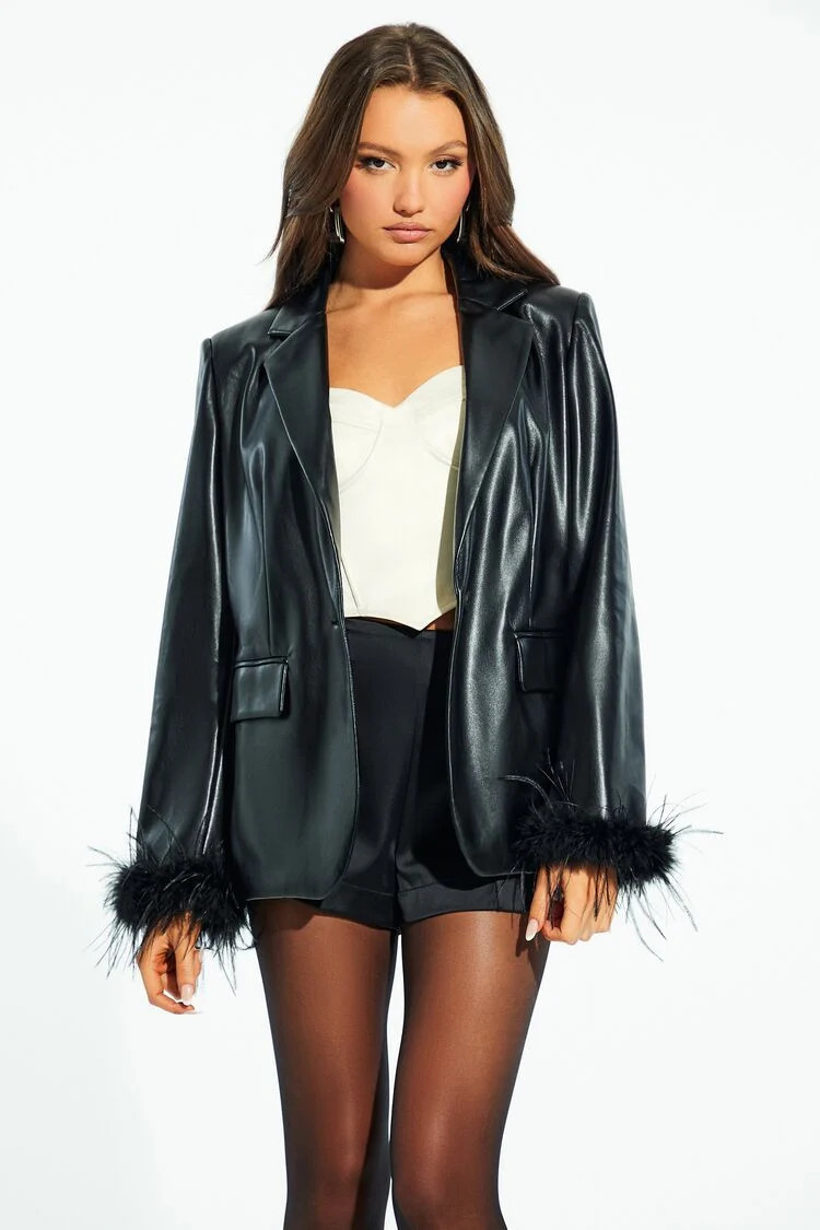 Women's Faux Feather & Leather Blazer in Black, XS | Forever 21