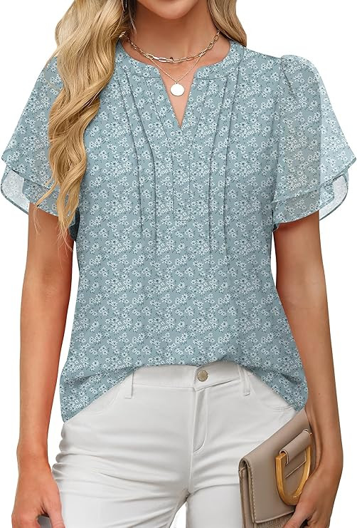 ANRABESS Womens Dressy Chiffon Blouses V Neck Petal Short Sleeve Shirts 2026 Summer Casual Busine... | Amazon (US)