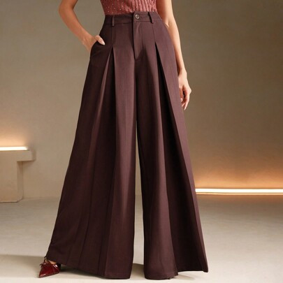Women's Loose Wide Leg Trousers, Coffee Brown, Relaxed Fit Casual Flared Style Pants, Suitable For Autumn/Winter | SHEIN