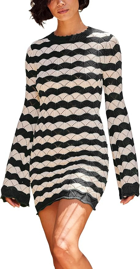 UANEO Striped Summer Dresses for Women 2024 Long Sleeve Crochet Knit Coverup Mini Dress | Amazon (US)